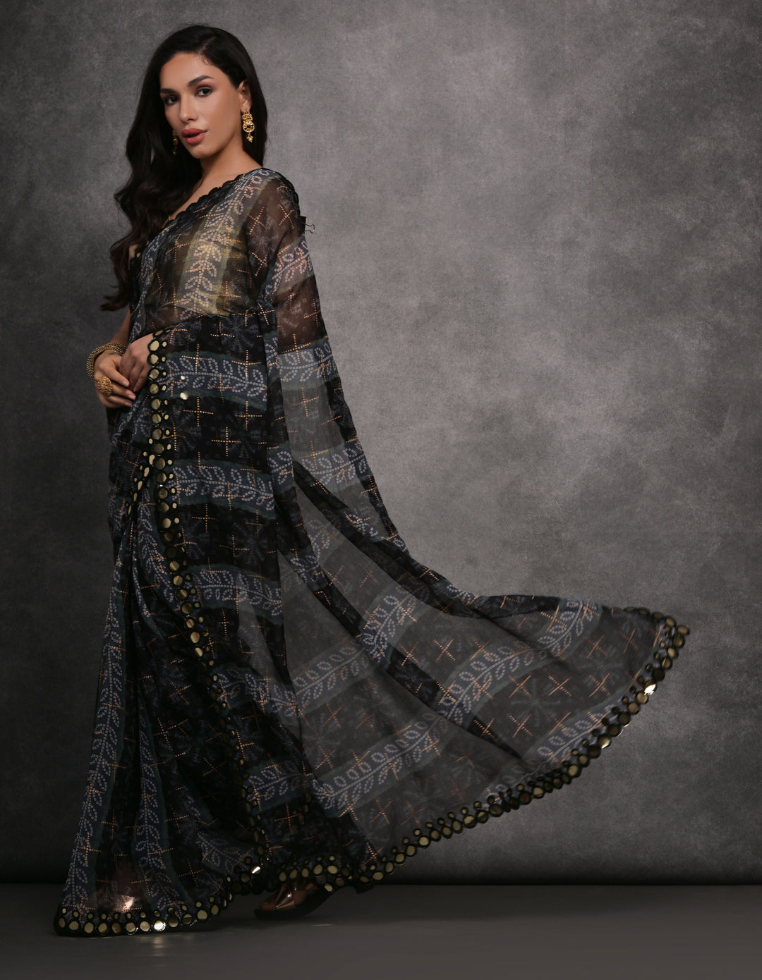 Gray Georgette Saree with Gold Blouse | Crafted for Timeless Elegance