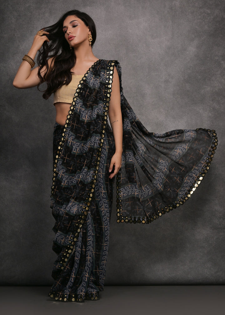 Gray Georgette Saree with Gold Blouse | Crafted for Timeless Elegance