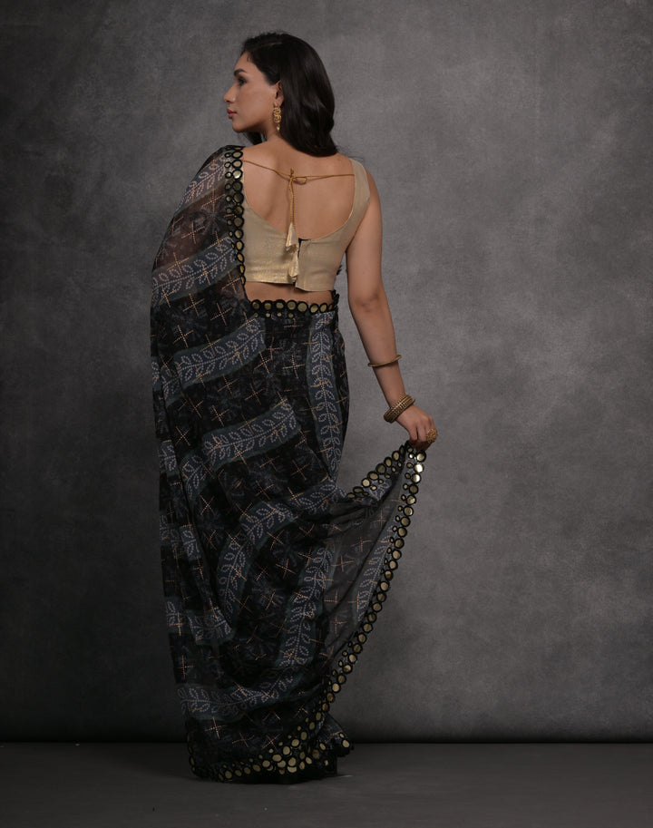 Gray Georgette Saree with Gold Blouse | Crafted for Timeless Elegance