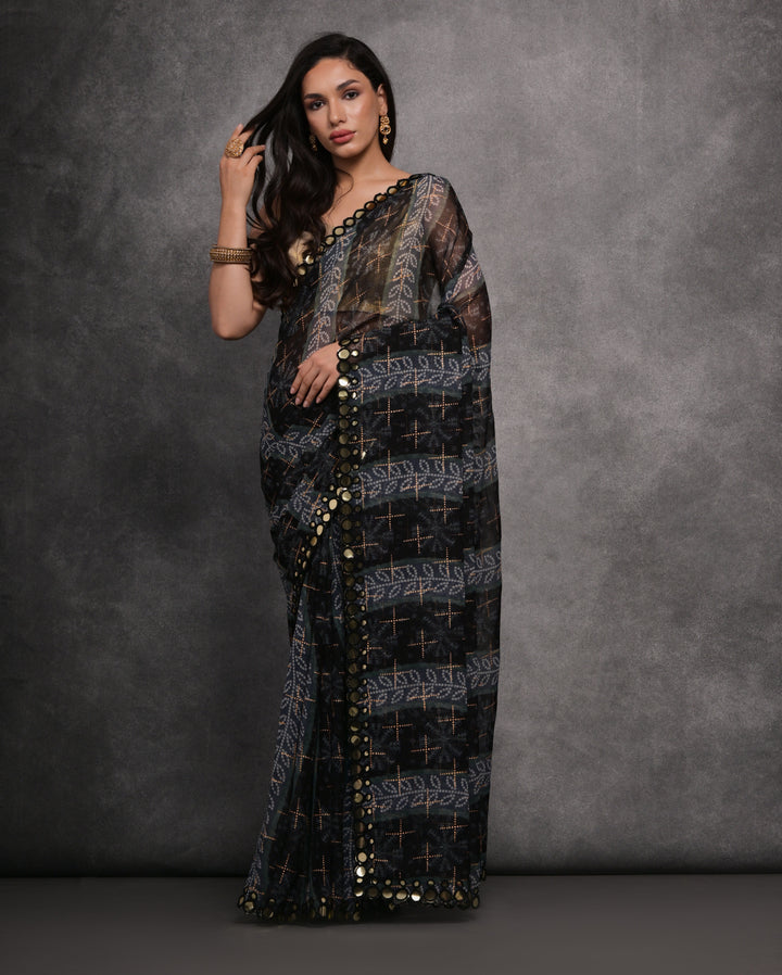 Gray Georgette Saree with Gold Blouse | Crafted for Timeless Elegance