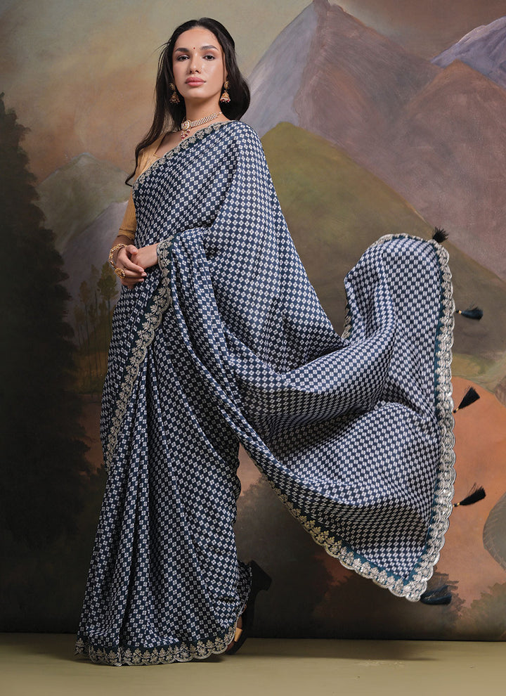 Printed Chinon Saree | Designer Embroidery and Sequins Cording for Parties