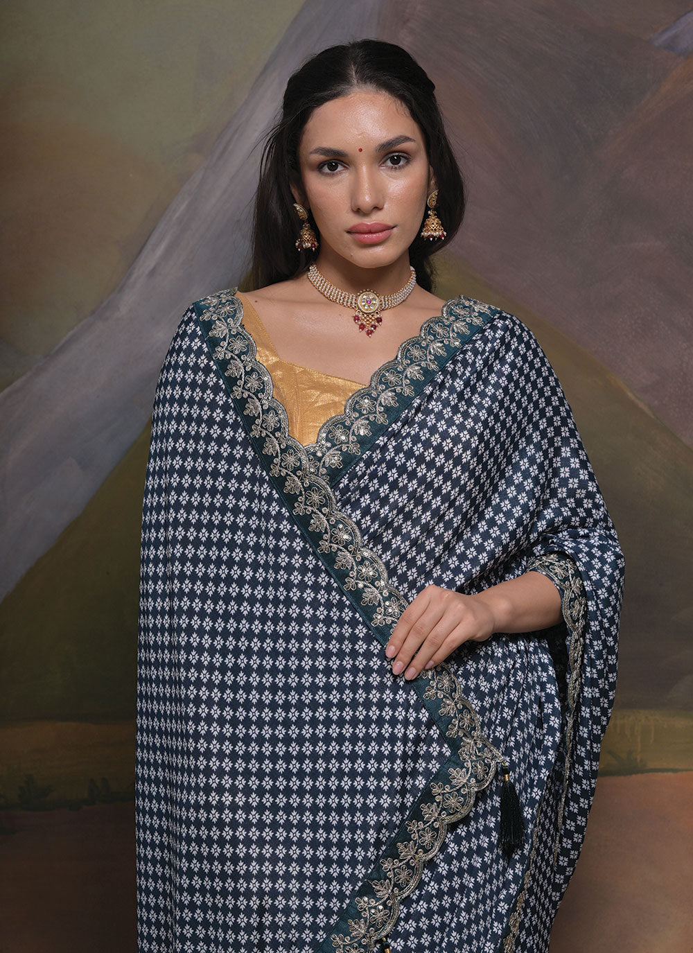 Printed Chinon Saree | Designer Embroidery and Sequins Cording for Parties