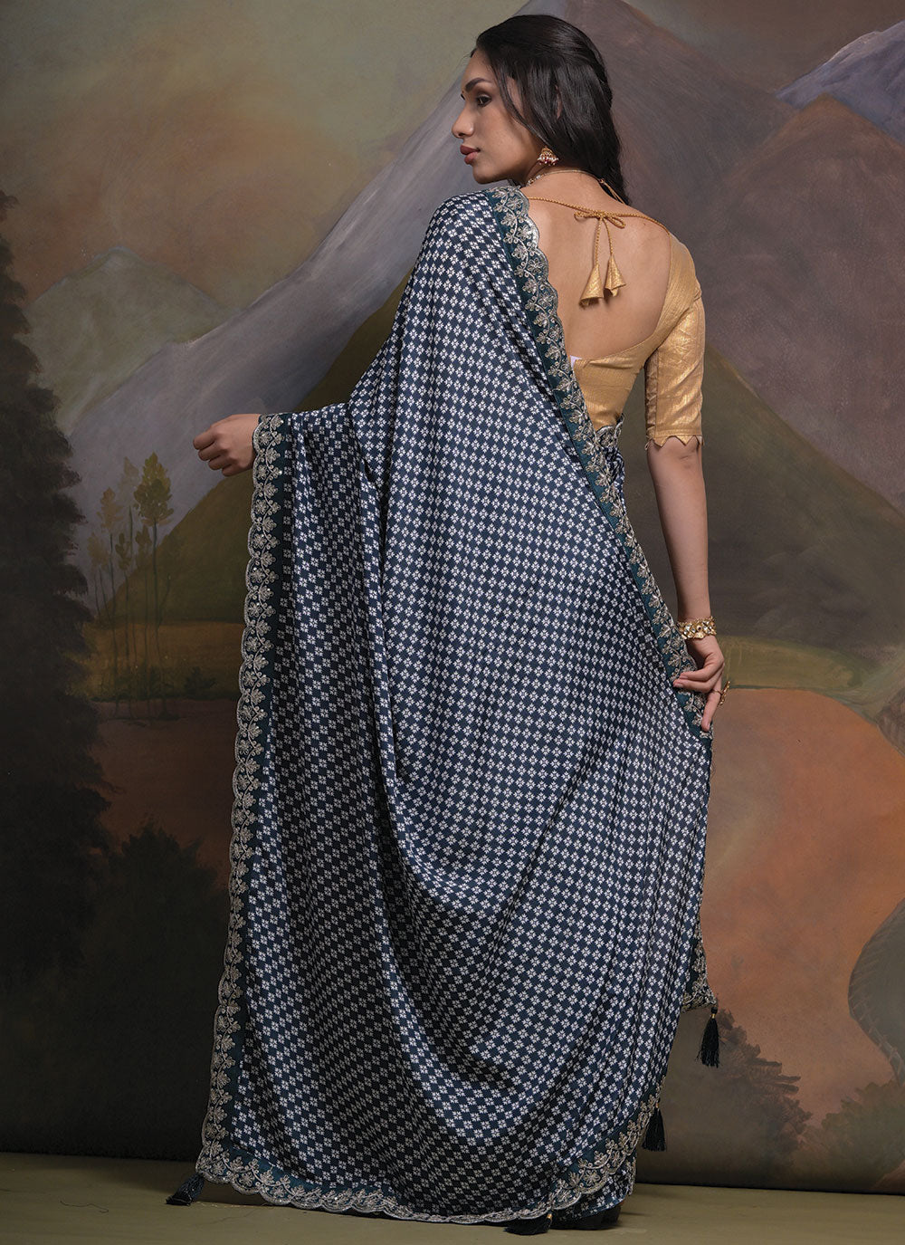 Printed Chinon Saree | Designer Embroidery and Sequins Cording for Parties