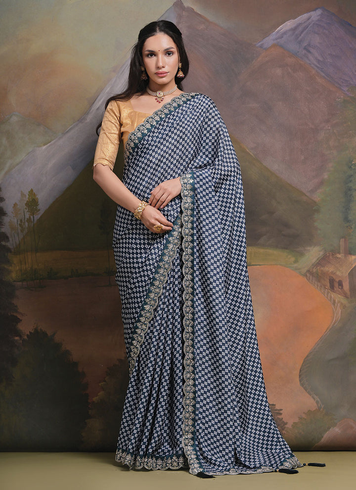 Printed Chinon Saree | Designer Embroidery and Sequins Cording for Parties