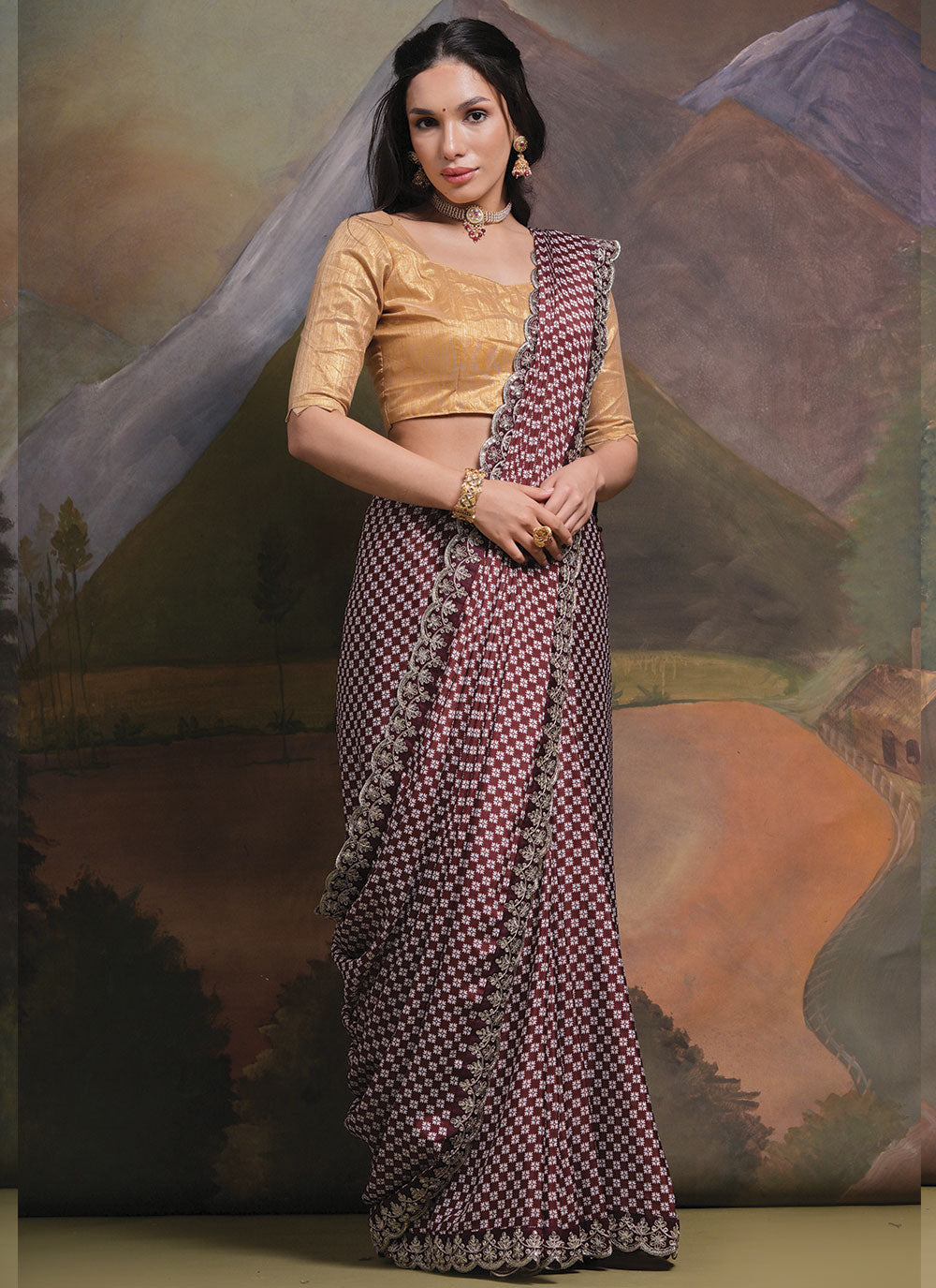 Printed Chinon Saree | Designer Embroidery and Sequins Cording for Parties