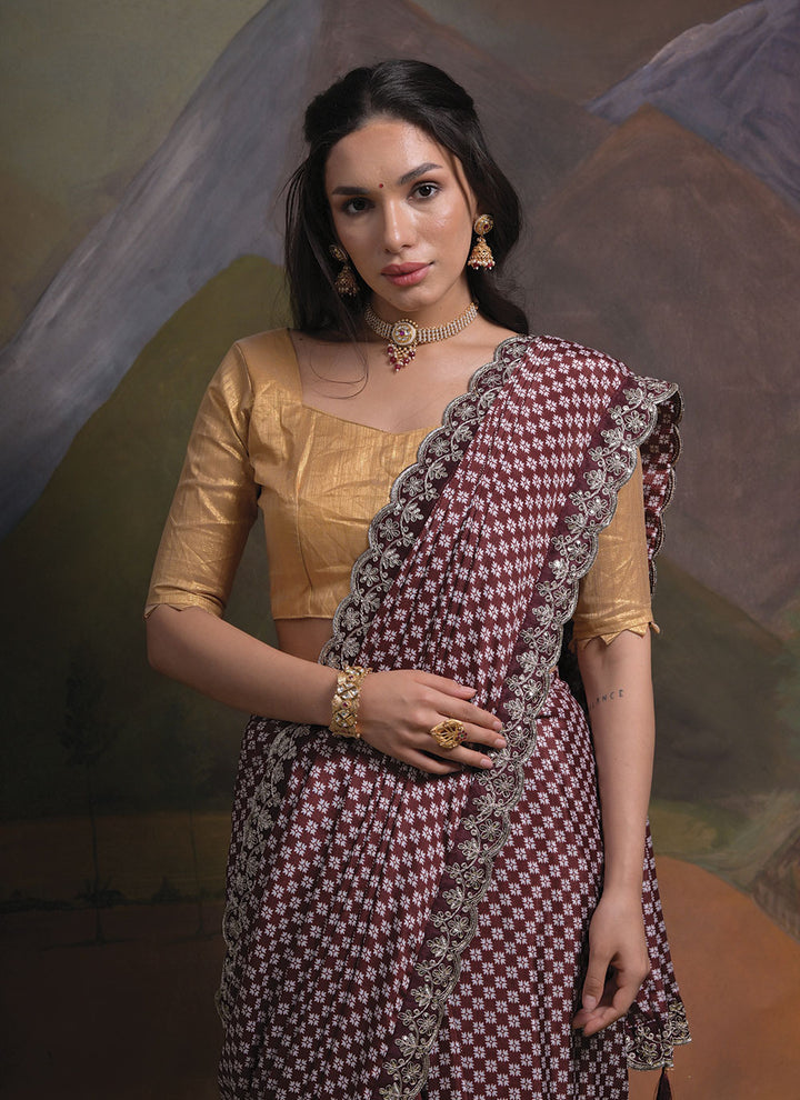 Printed Chinon Saree | Designer Embroidery and Sequins Cording for Parties