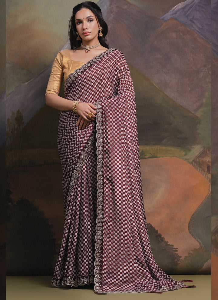 Printed Chinon Saree | Designer Embroidery and Sequins Cording for Parties