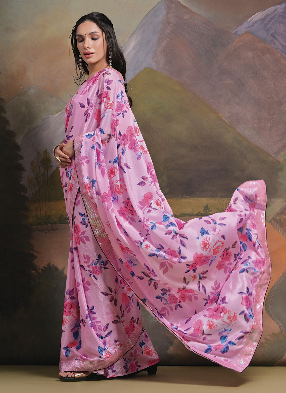 Printed Chinon Saree | Sequins Work with Art Silk Blouse for Festive Look