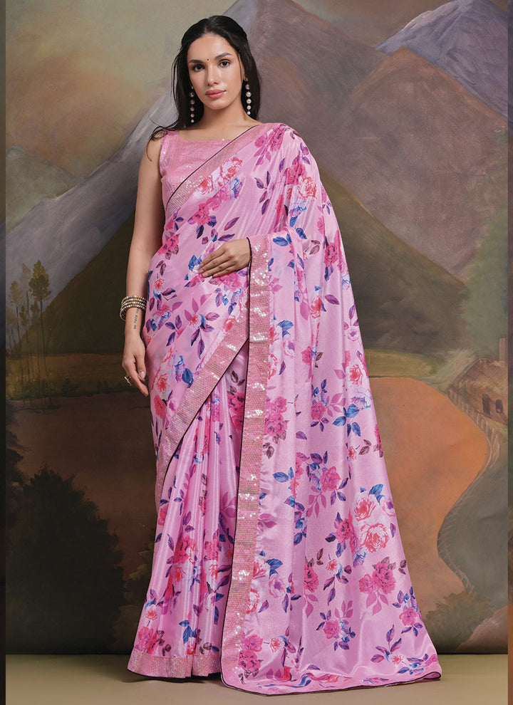 Printed Chinon Saree | Sequins Work with Art Silk Blouse for Festive Look