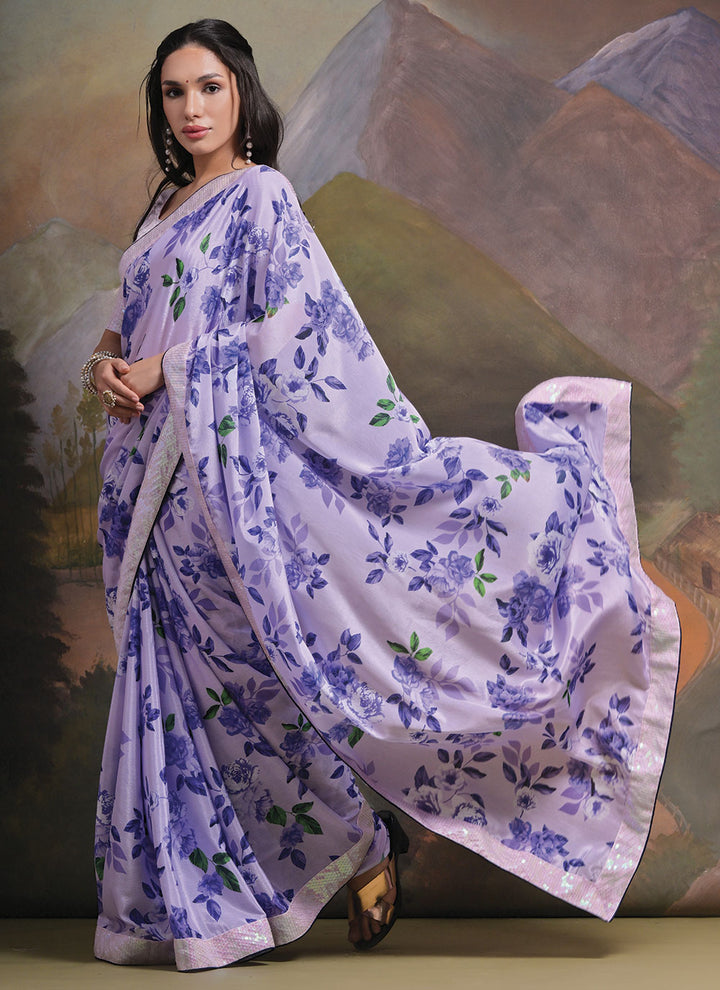 Printed Chinon Saree | Sequins Work with Art Silk Blouse for Festive Look