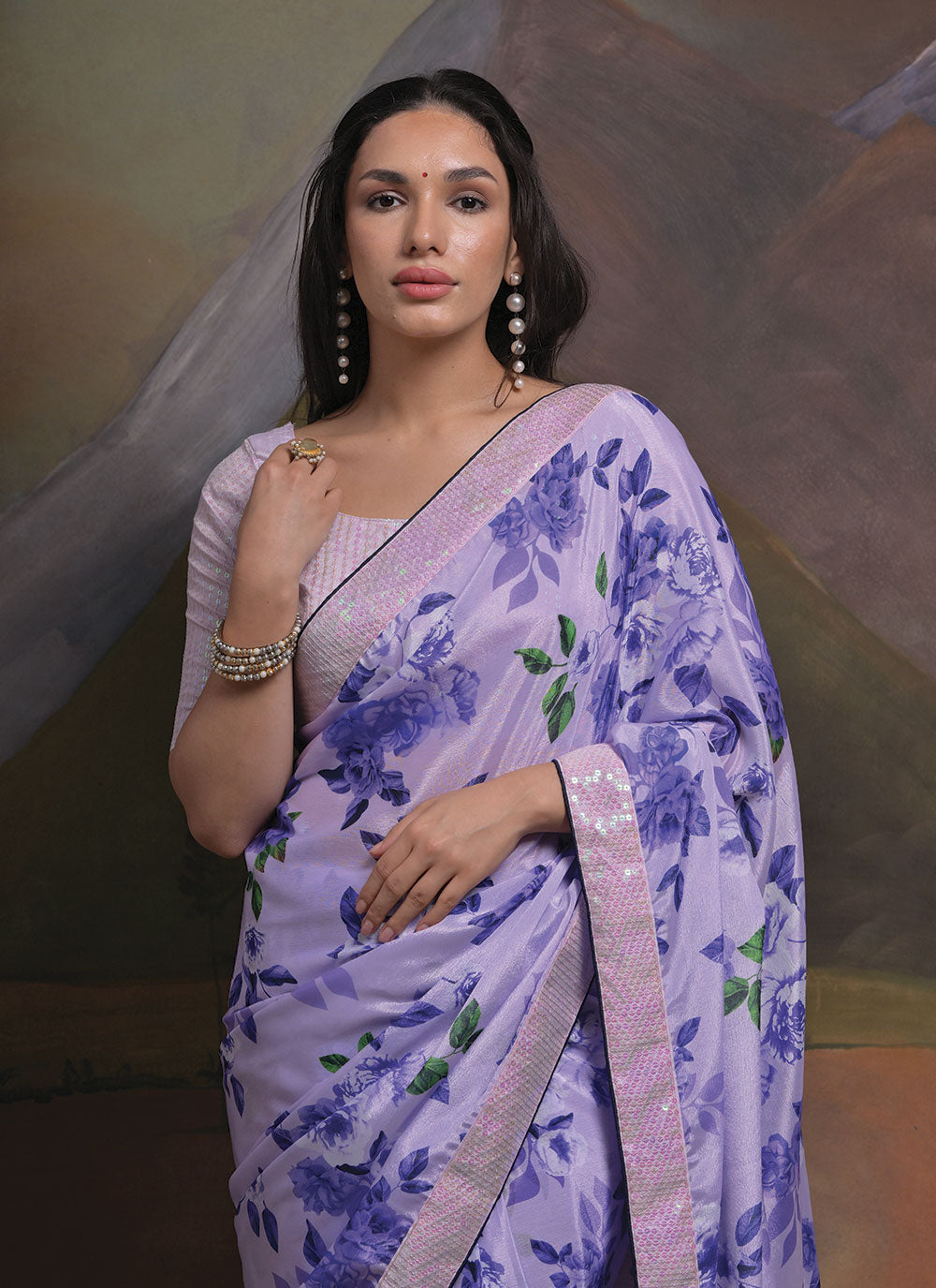 Printed Chinon Saree | Sequins Work with Art Silk Blouse for Festive Look