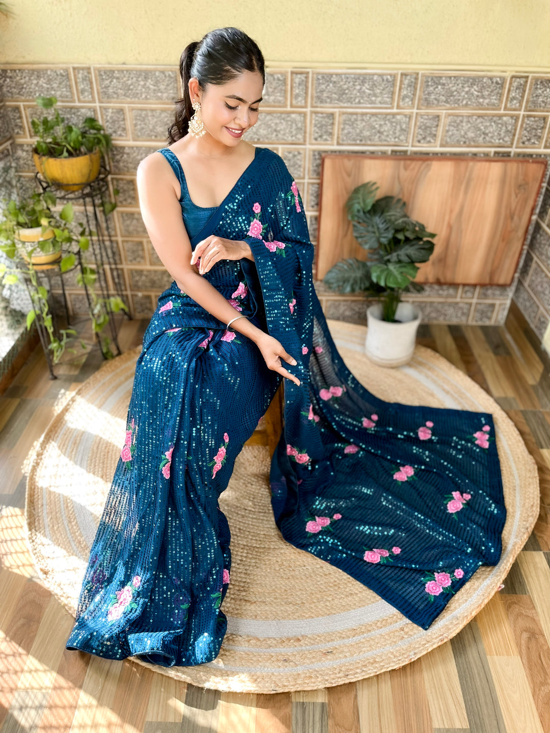 Elegant Georgette Saree with Sequins & Embroidery | Art-Silk Blouse for Weddings