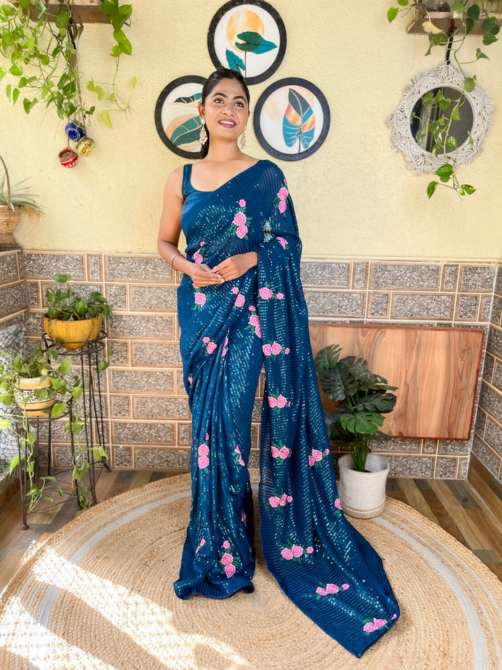 Elegant Georgette Saree with Sequins & Embroidery | Art-Silk Blouse for Weddings