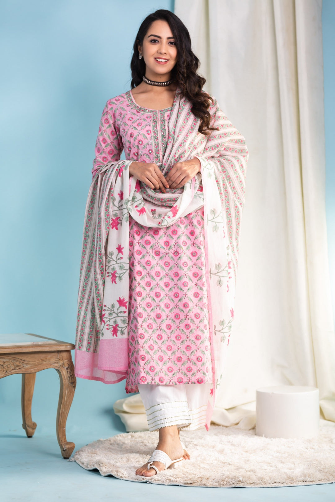 Designer Readymade Suits | Cotton Top with Kota Doria Dupatta and Printed Design