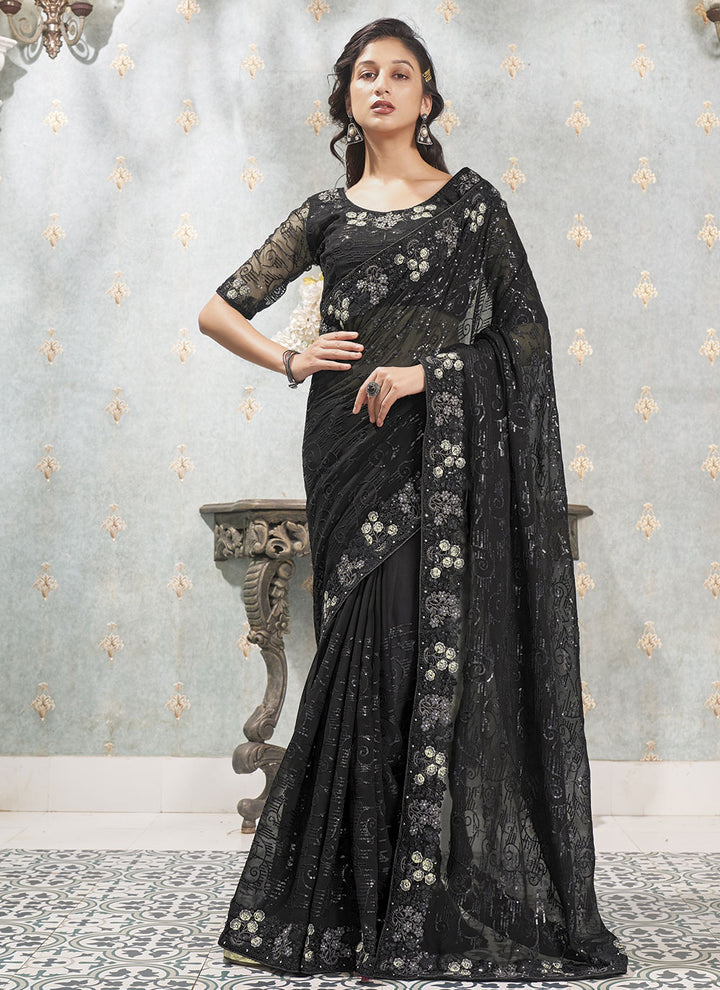 Designer Sequenced Faux-Georgette Saree for Weddings & Festive Occasions