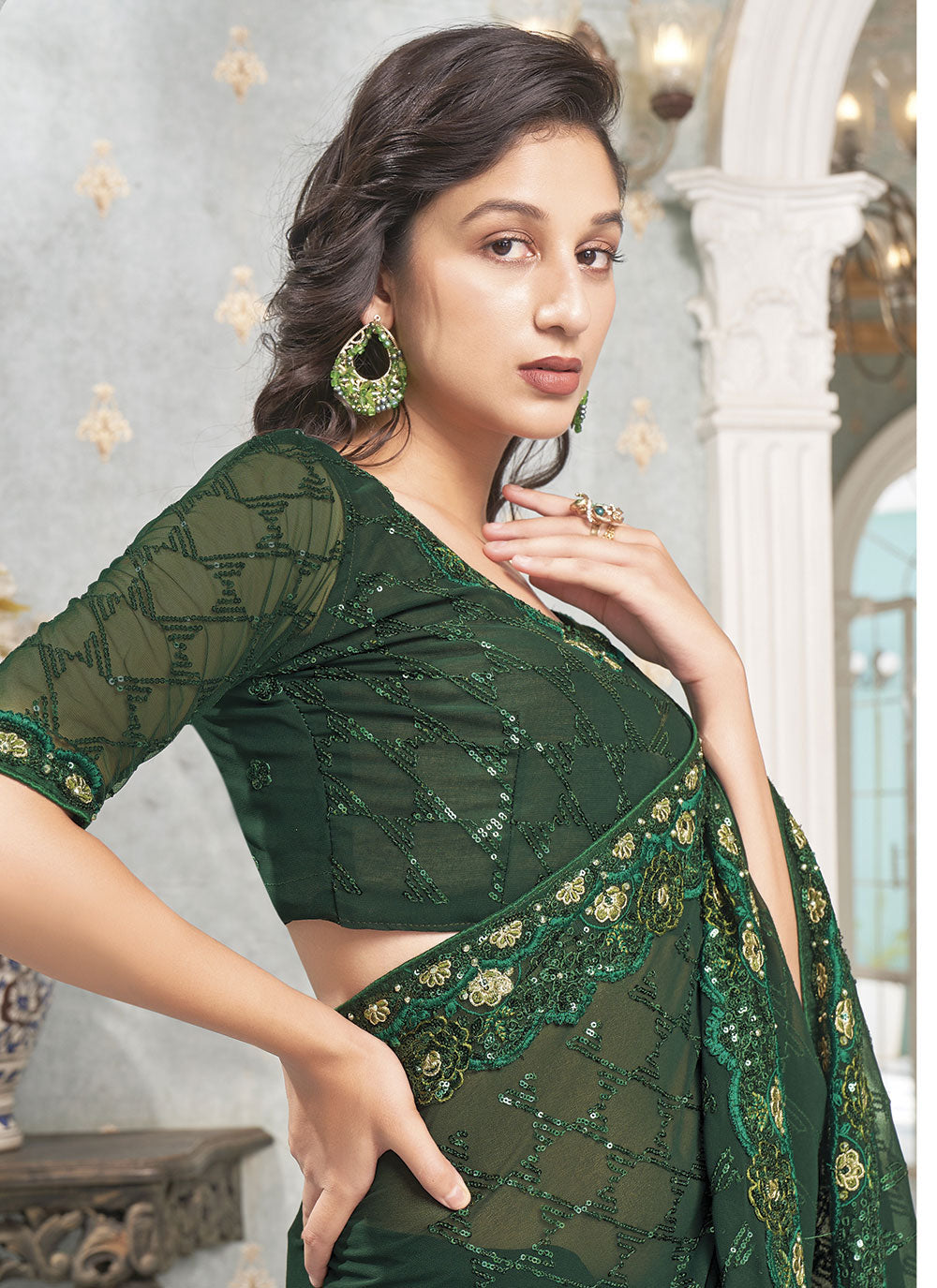 Designer Faux-Georgette Saree with Sequins | Wedding & Festive Elegance