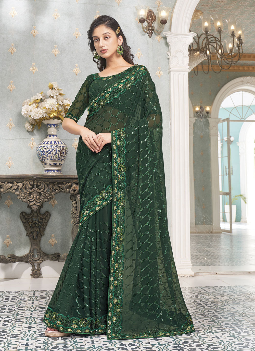 Designer Faux-Georgette Saree with Sequins | Wedding & Festive Elegance