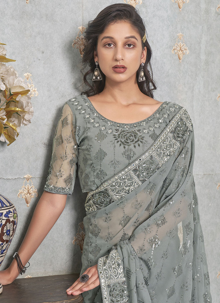 Designer Faux-Georgette Saree with Sequence Embroidery | Wedding & Festive