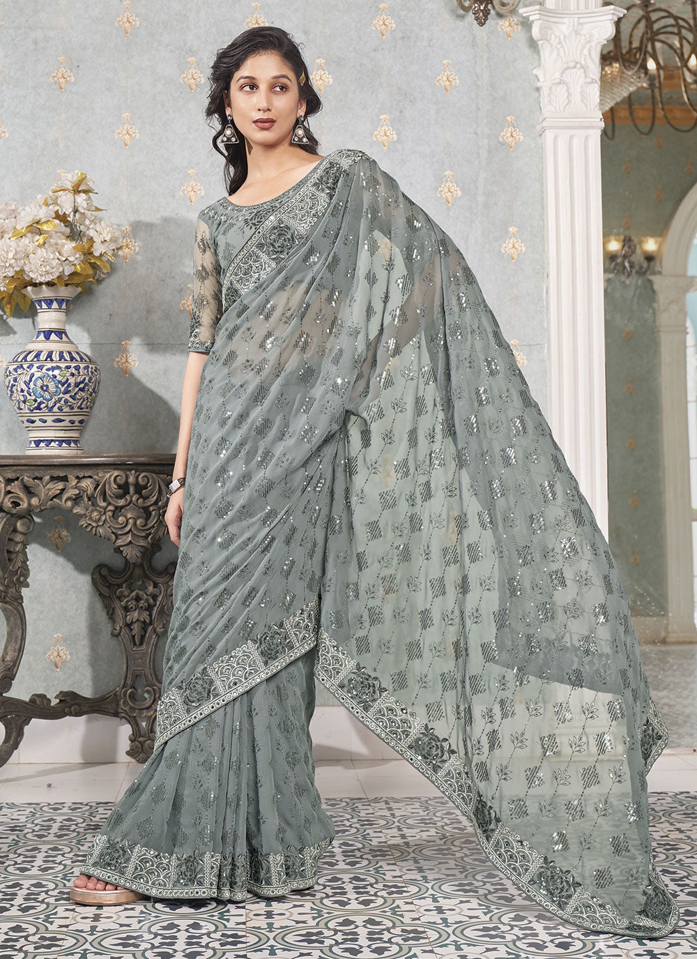 Designer Faux-Georgette Saree with Sequence Embroidery | Wedding & Festive