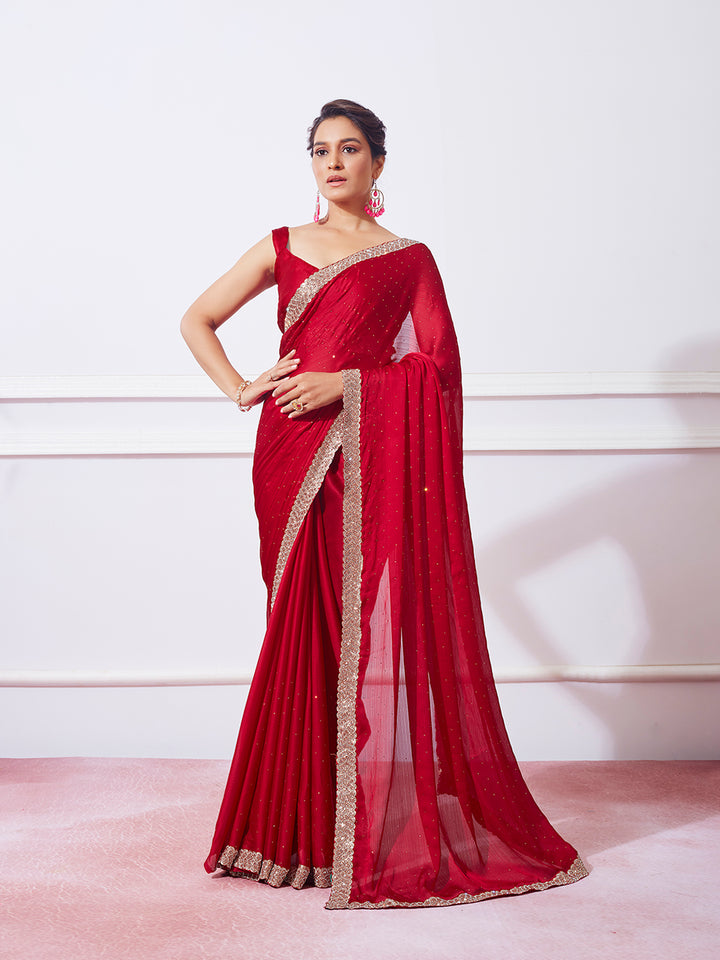 Heavy Swarovski Work Barfi Saree with Art-Silk Blouse | Wedding Festive Wear