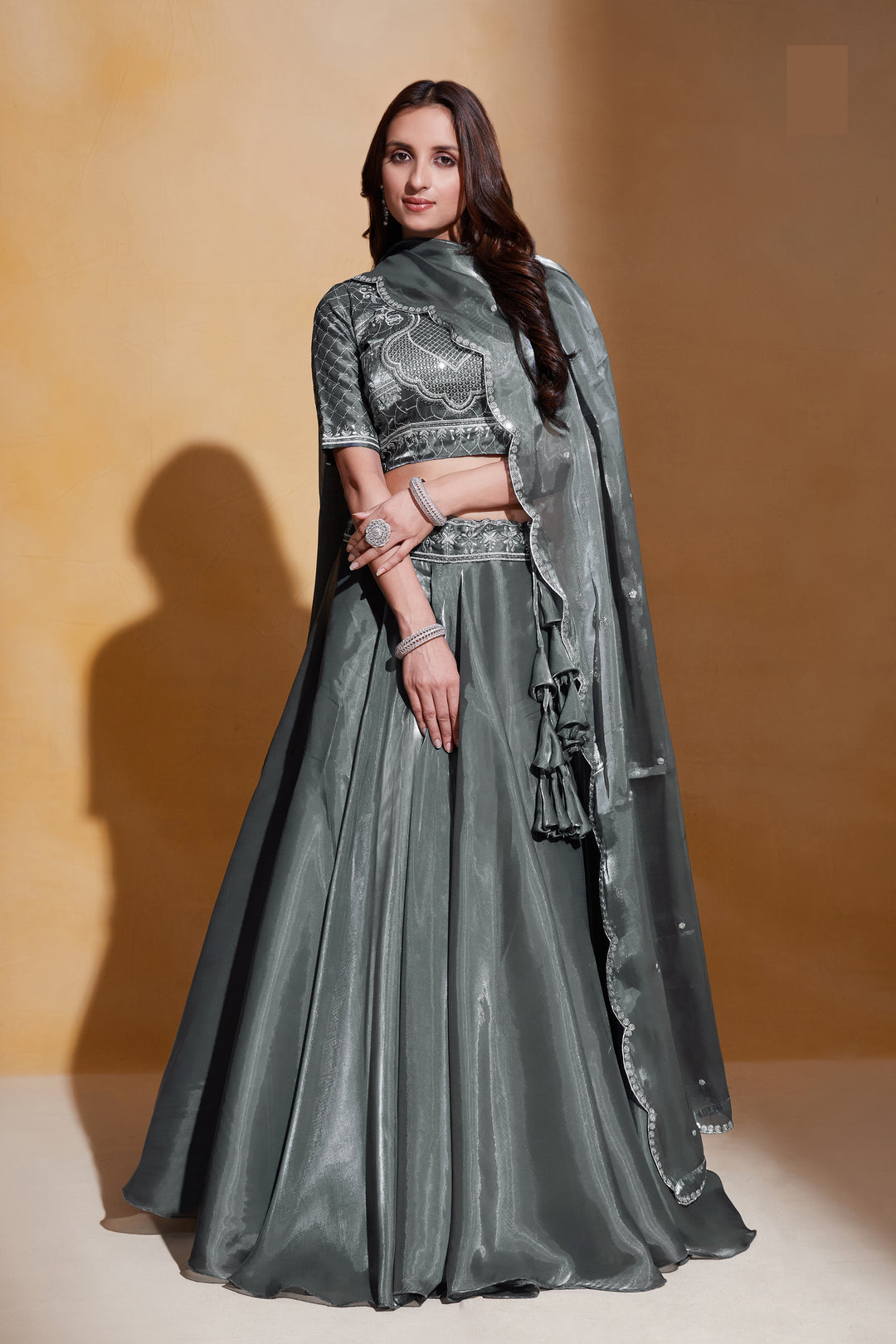 Elegant Organza Silk Lehenga | Thread & Sequence Embroidery for Weddings