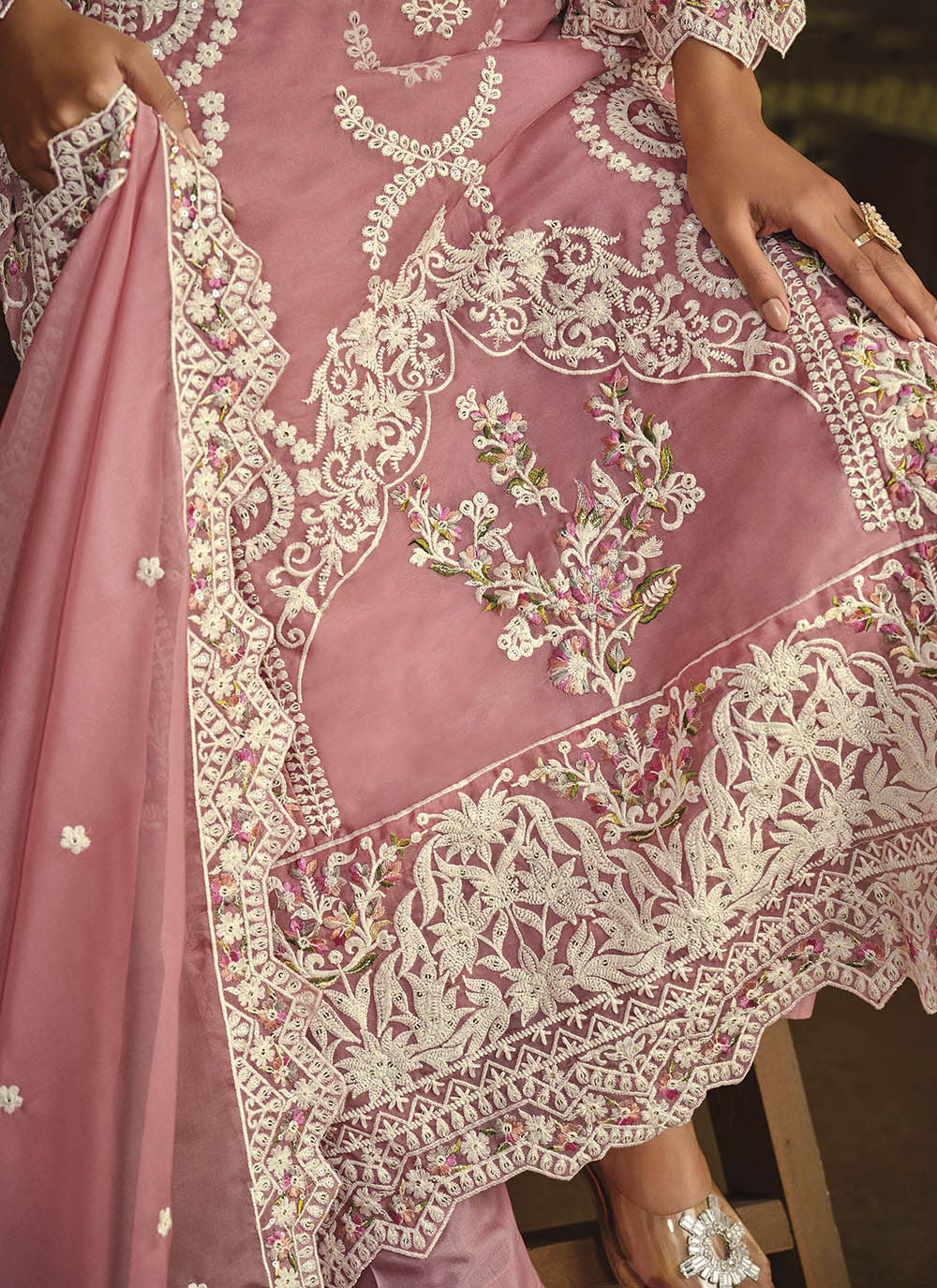 Designer Thread Embroidery Work | Organza Top & Dupatta with Santoon Bottom