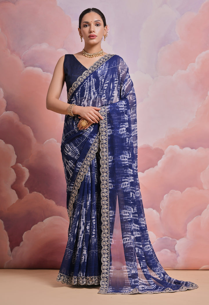 Georgette Printed Saree with Sequins & Lace | Wedding & Festive Elegance