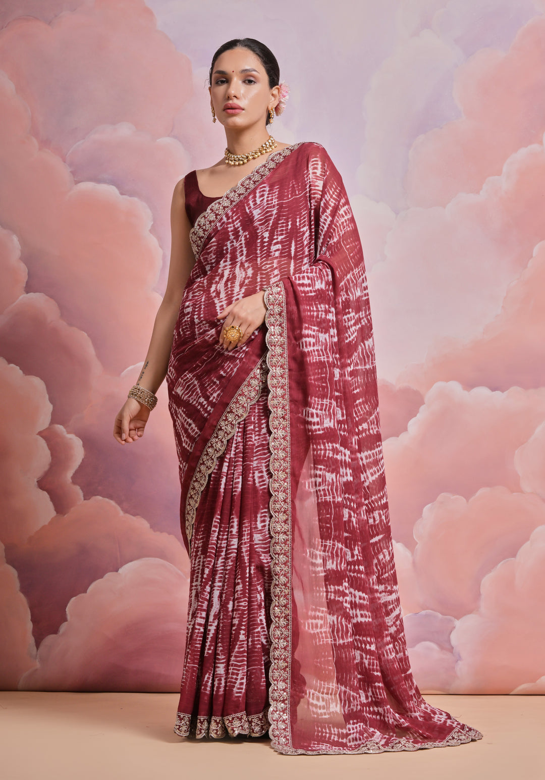 Georgette Printed Saree with Sequins & Lace | Wedding & Festive Elegance