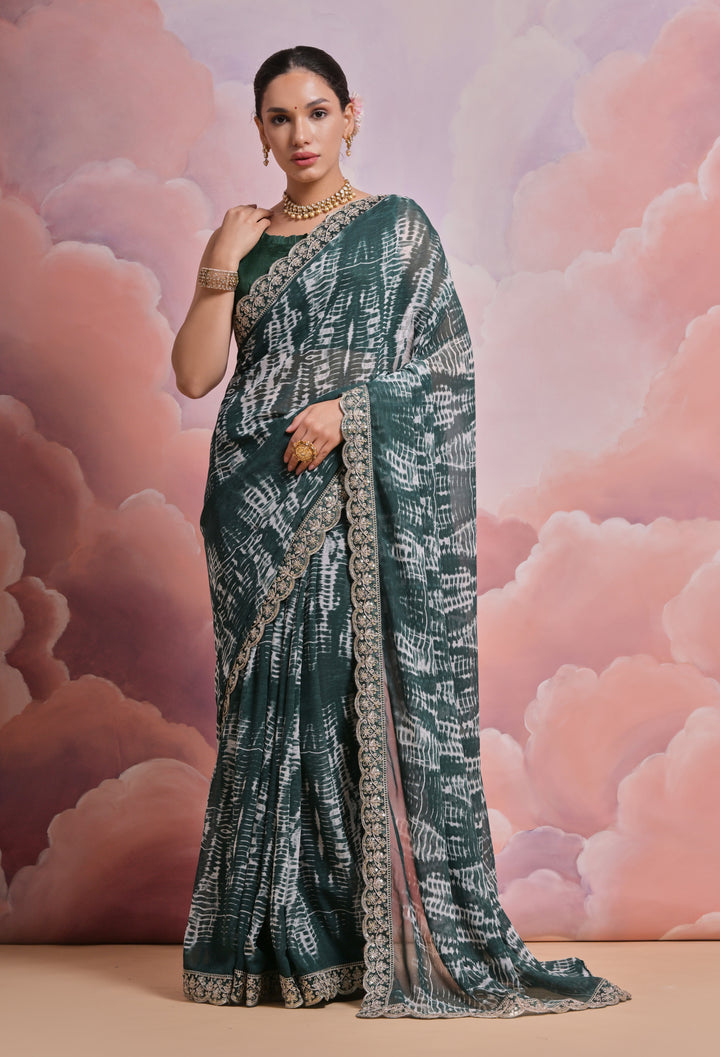 Georgette Printed Saree with Sequins & Lace | Wedding & Festive Elegance