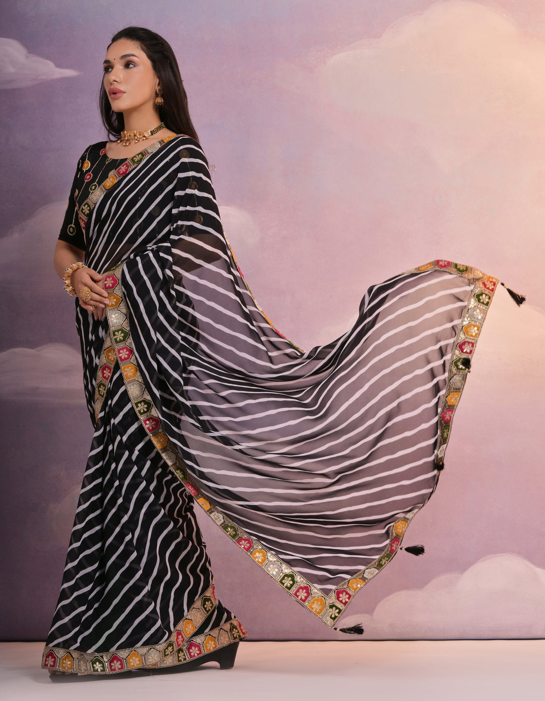 Georgette Printed Saree with Sequins & Lace Border | Special Event Elegance