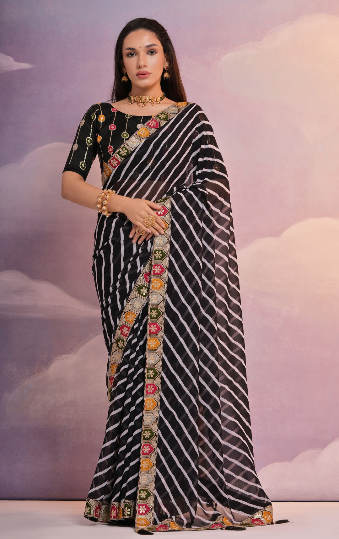 Georgette Printed Saree with Sequins & Lace Border | Special Event Elegance