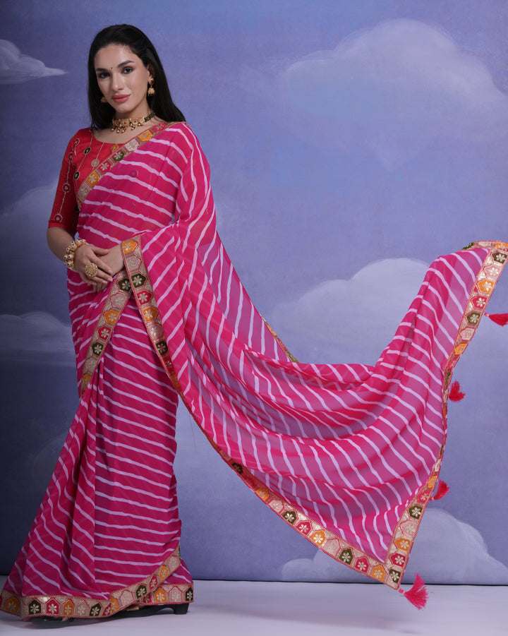 Georgette Printed Saree with Sequins & Lace Border | Special Event Elegance