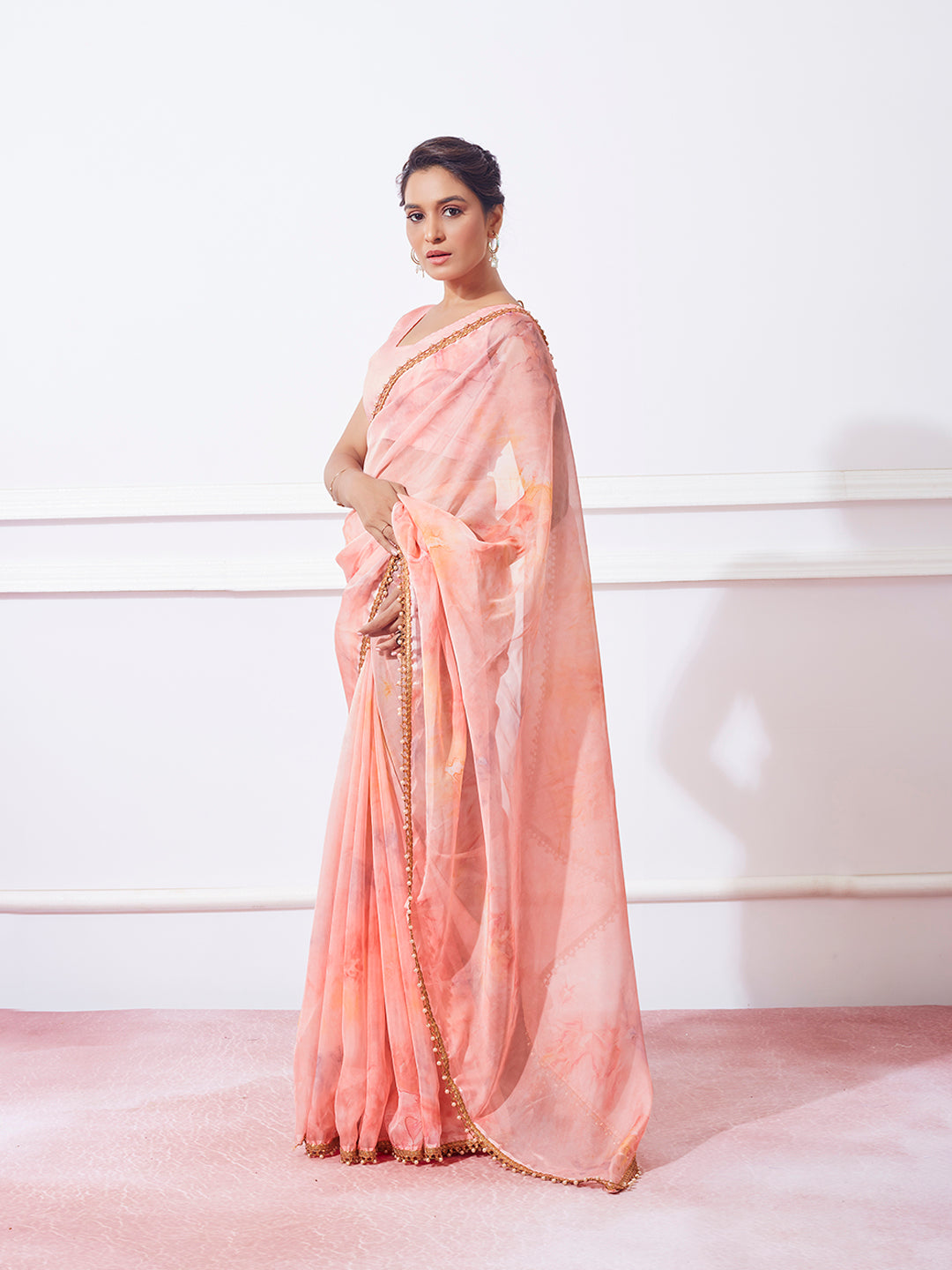 Organza Saree with Prizam Print & Moti Lace | Perfect for Weddings & Festivals