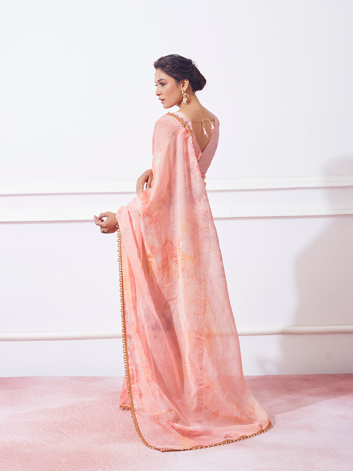 Organza Saree with Prizam Print & Moti Lace | Perfect for Weddings & Festivals