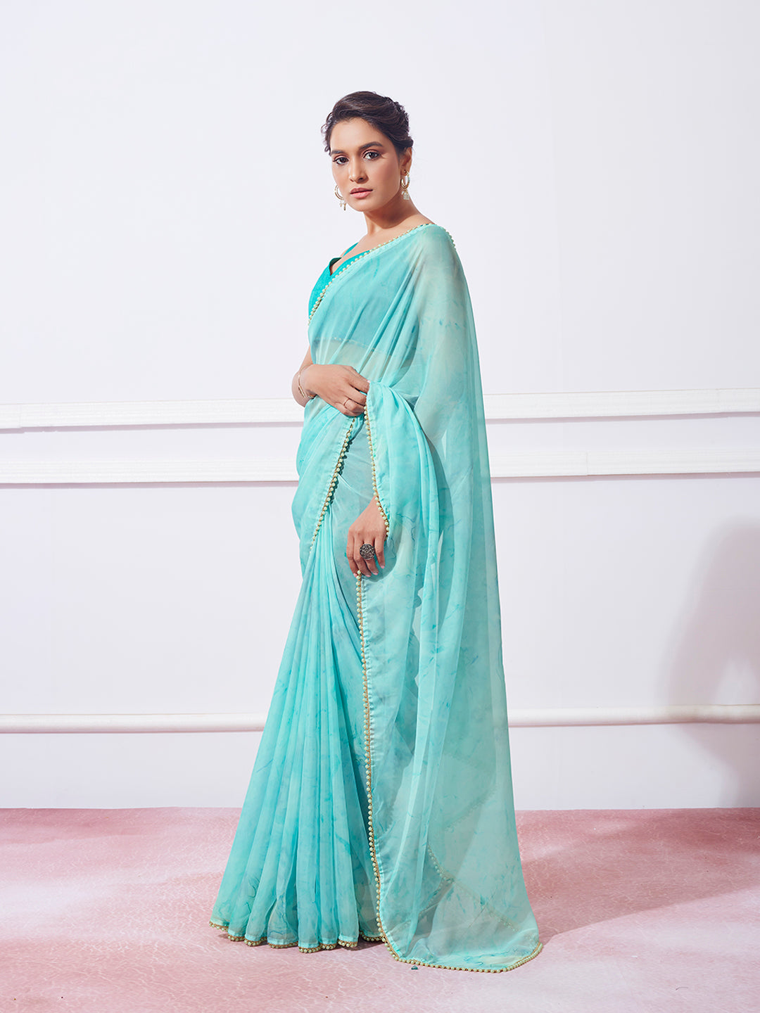 Organza Saree with Prizam Print & Moti Lace | Perfect for Weddings & Festivals