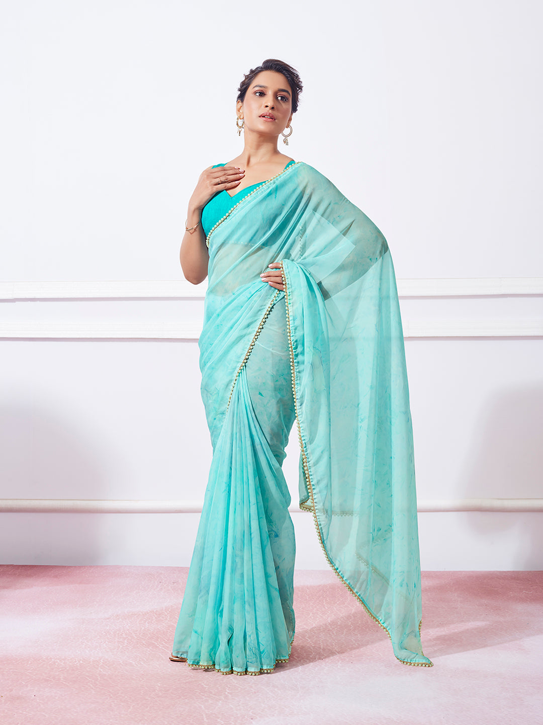 Organza Saree with Prizam Print & Moti Lace | Perfect for Weddings & Festivals