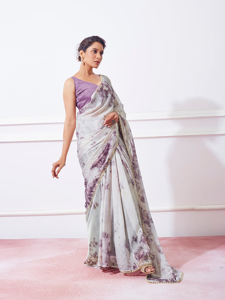 Organza Saree with Prizam Print & Moti Lace | Perfect for Weddings & Festivals