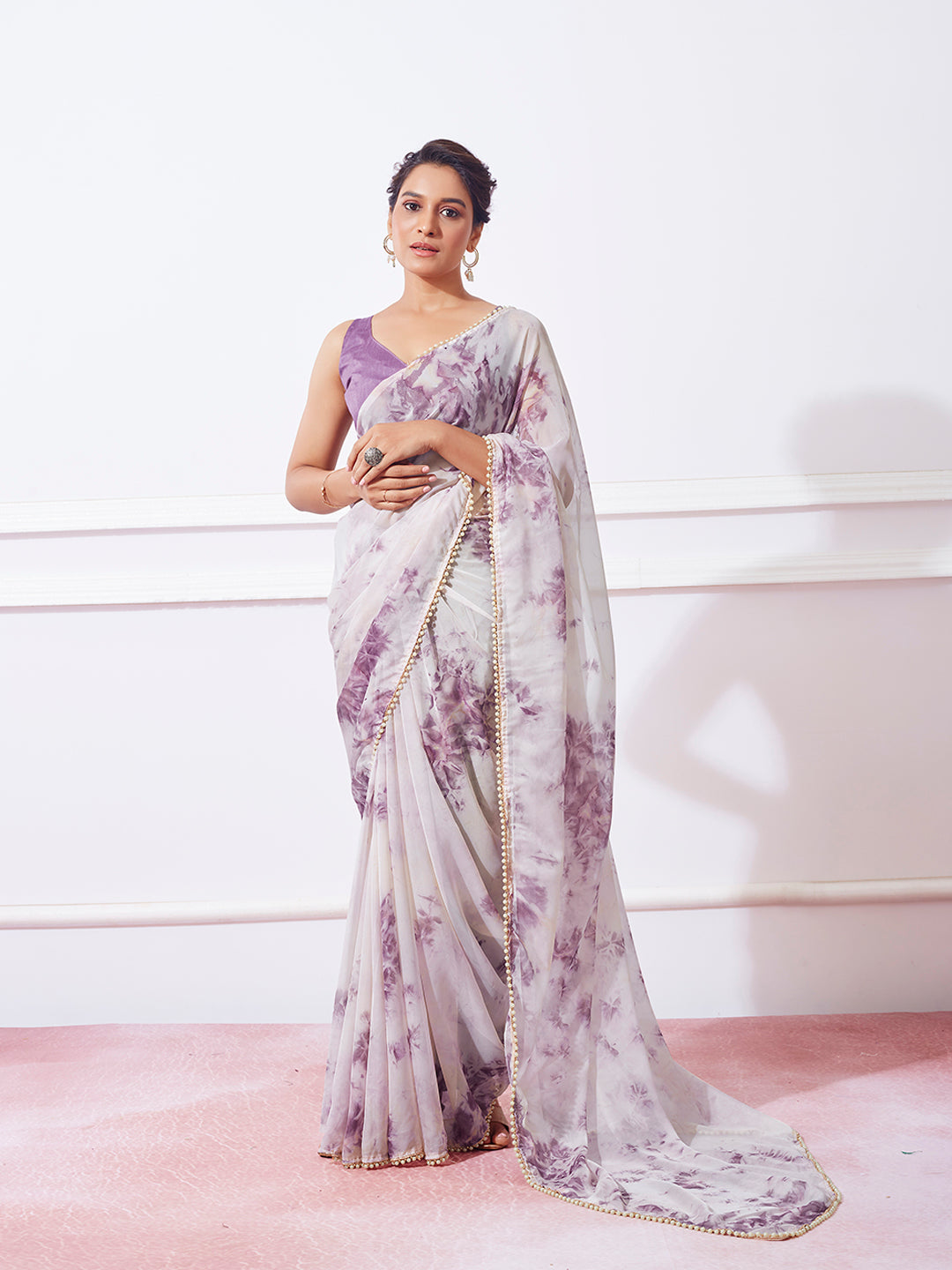 Organza Saree with Prizam Print & Moti Lace | Perfect for Weddings & Festivals