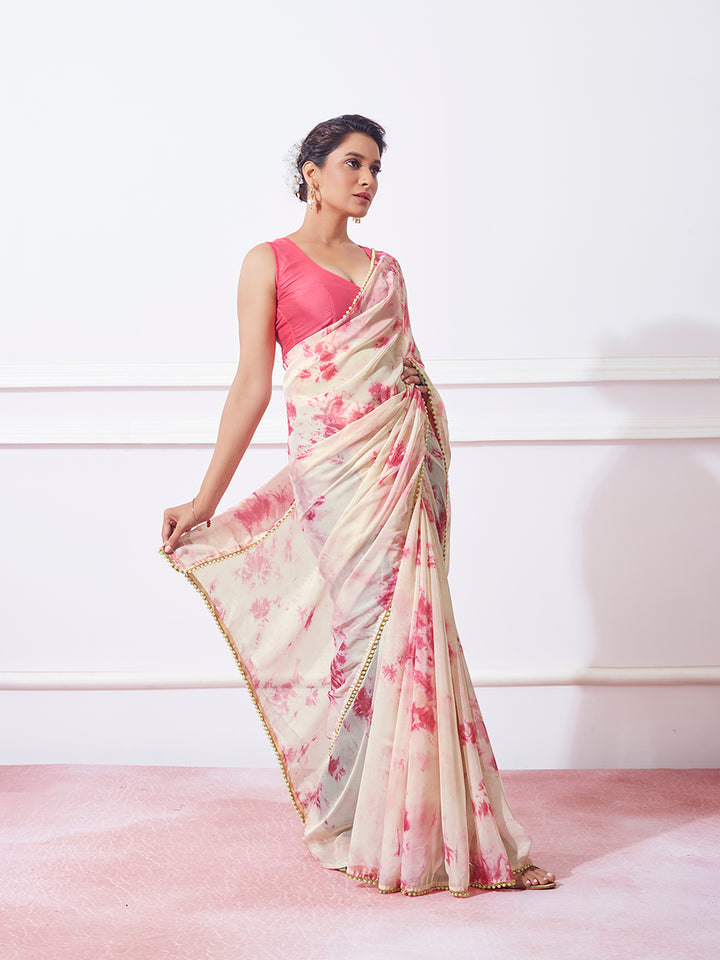 Organza Saree with Prizam Print & Moti Lace | Perfect for Weddings & Festivals