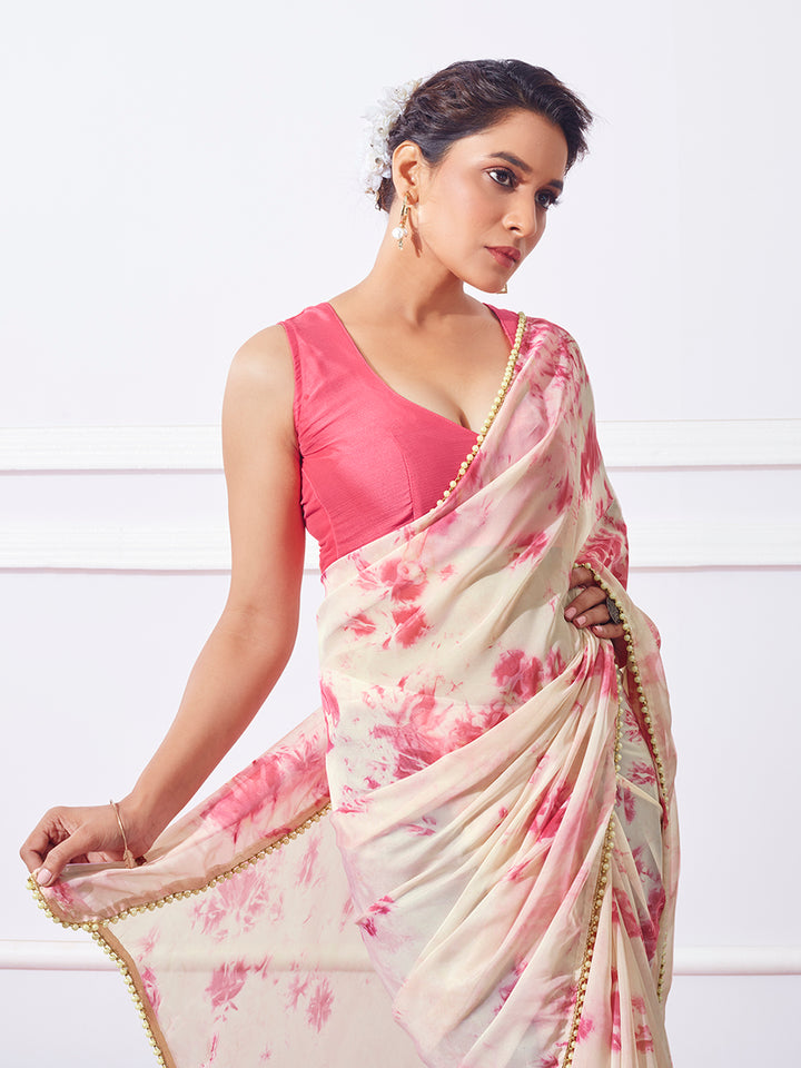 Organza Saree with Prizam Print & Moti Lace | Perfect for Weddings & Festivals