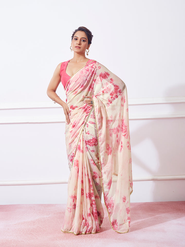 Organza Saree with Prizam Print & Moti Lace | Perfect for Weddings & Festivals