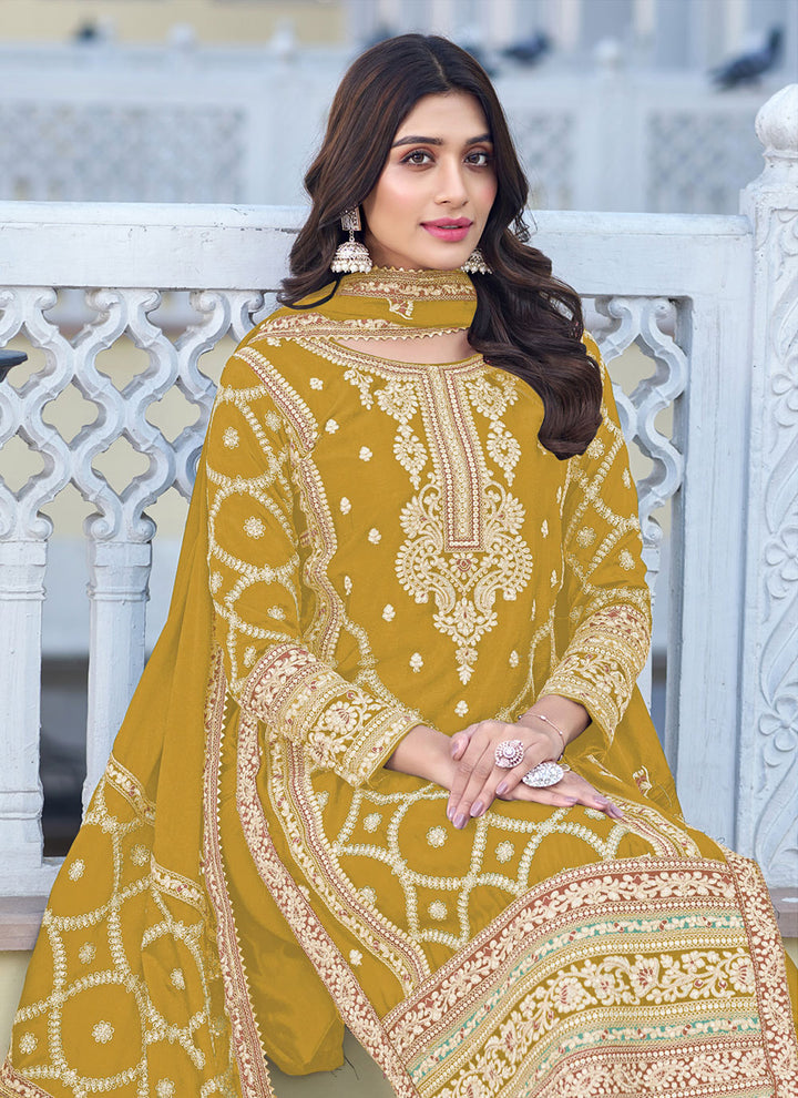 Designer Chinon Silk Suit | Embroidered Plazzo Set with Dupatta