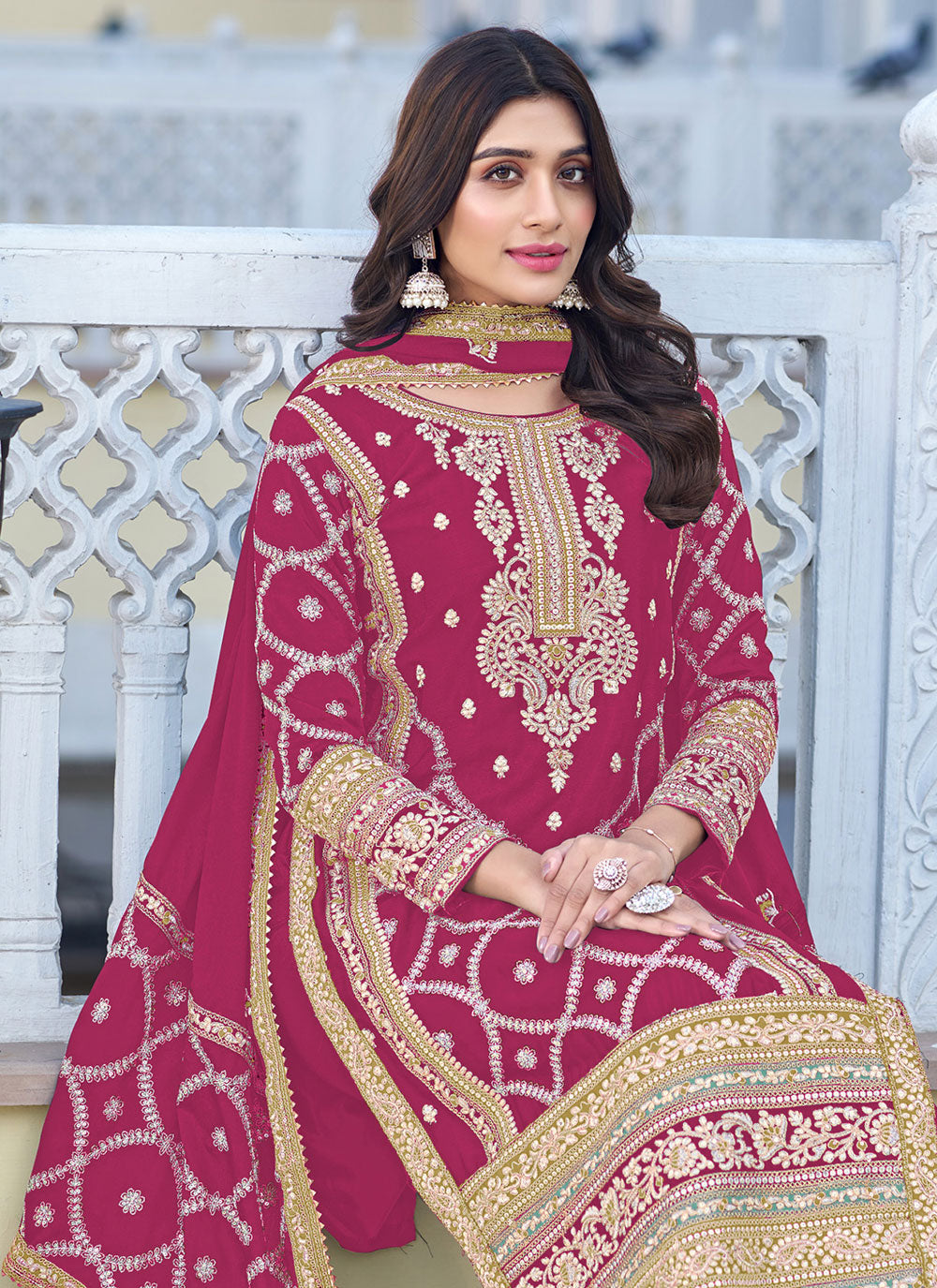 Designer Chinon Silk Suit | Embroidered Plazzo Set with Dupatta