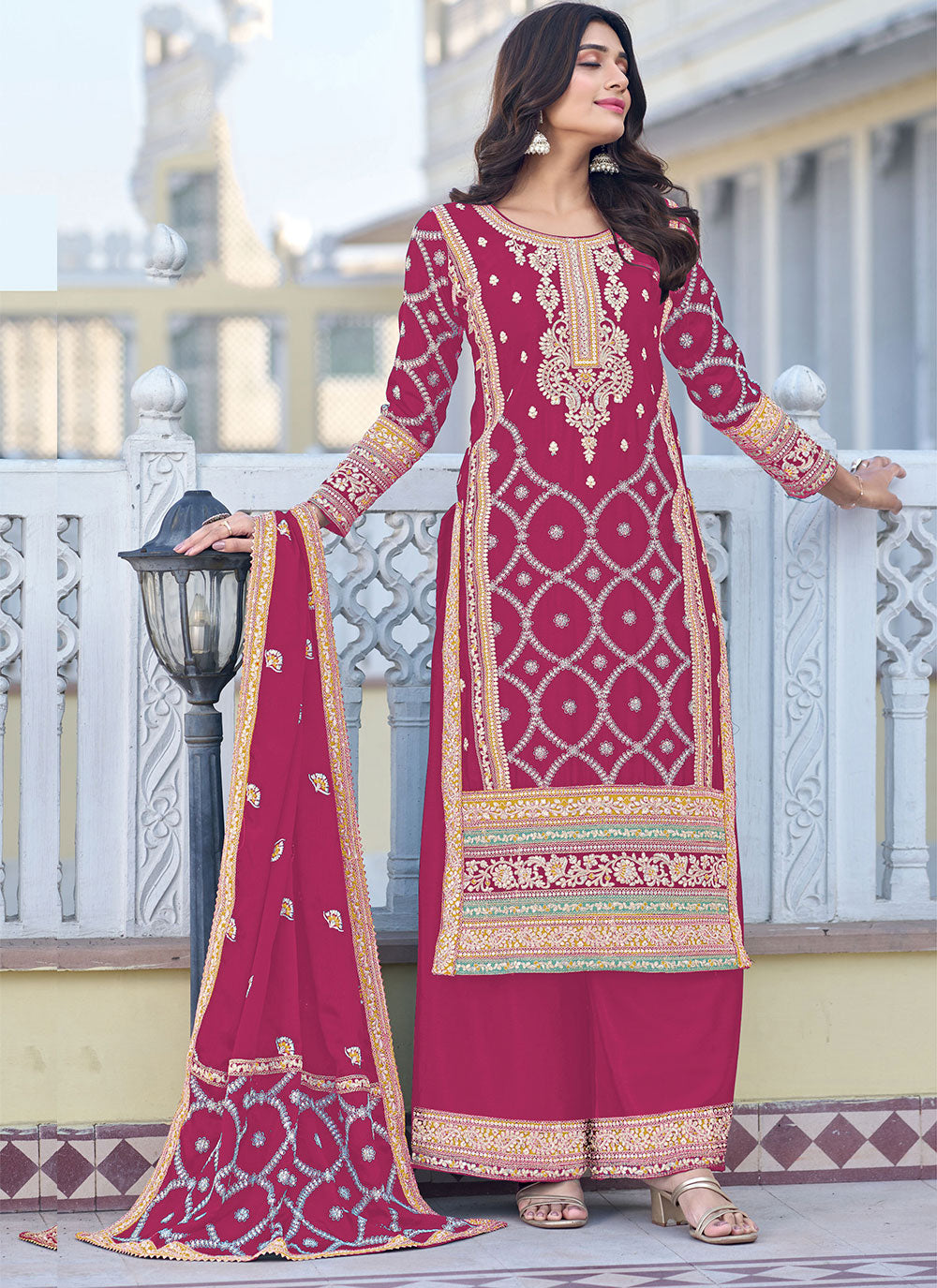 Designer Chinon Silk Suit | Embroidered Plazzo Set with Dupatta