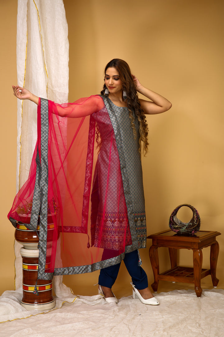 Attractive Readymade | Art Silk Suit with Designer Wevon Work