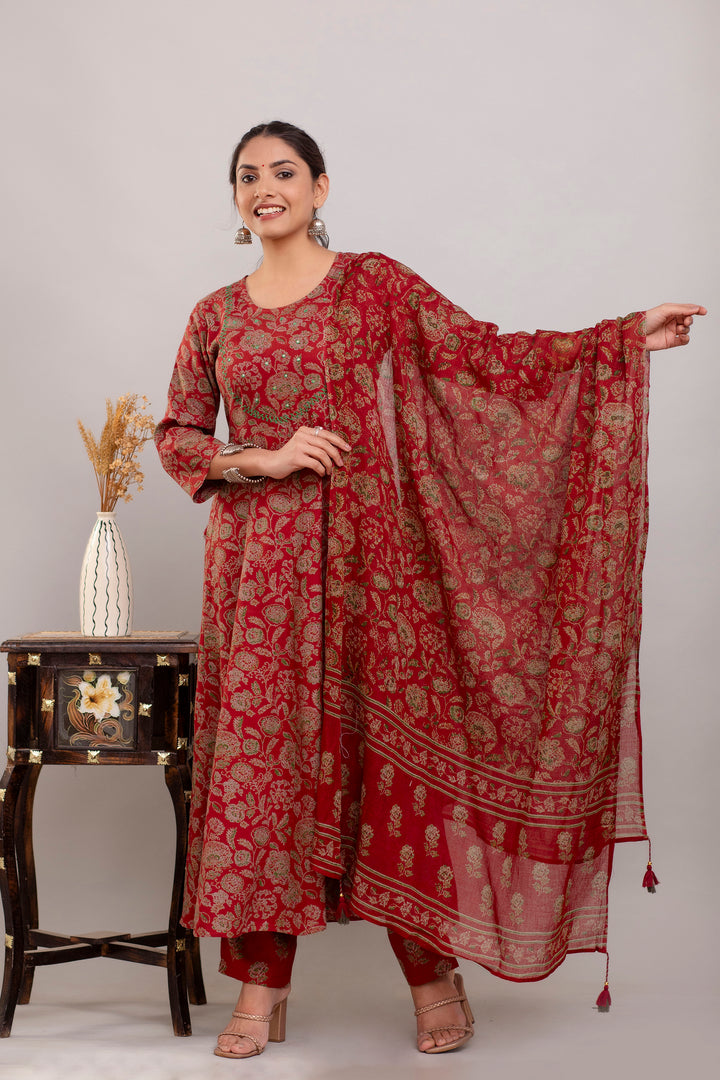 Stylish Maroon Rayon Cotton Suit | Embroidered Handwork with Dupatta