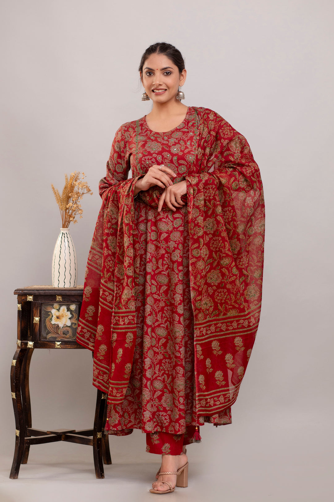 Stylish Maroon Rayon Cotton Suit | Embroidered Handwork with Dupatta