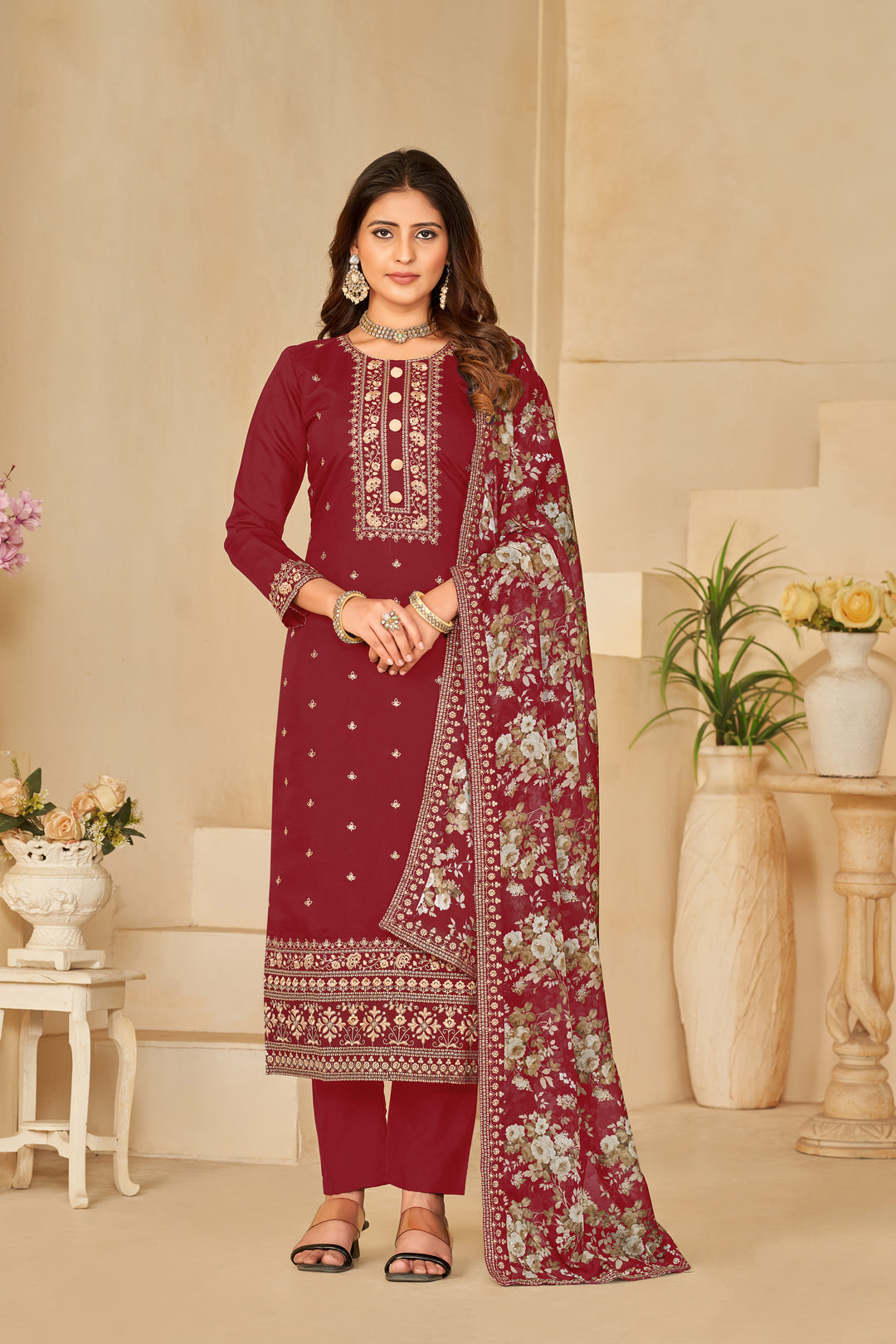 Maroon Designer Embroidery Suit | Organza Dupatta with Santoon Bottom