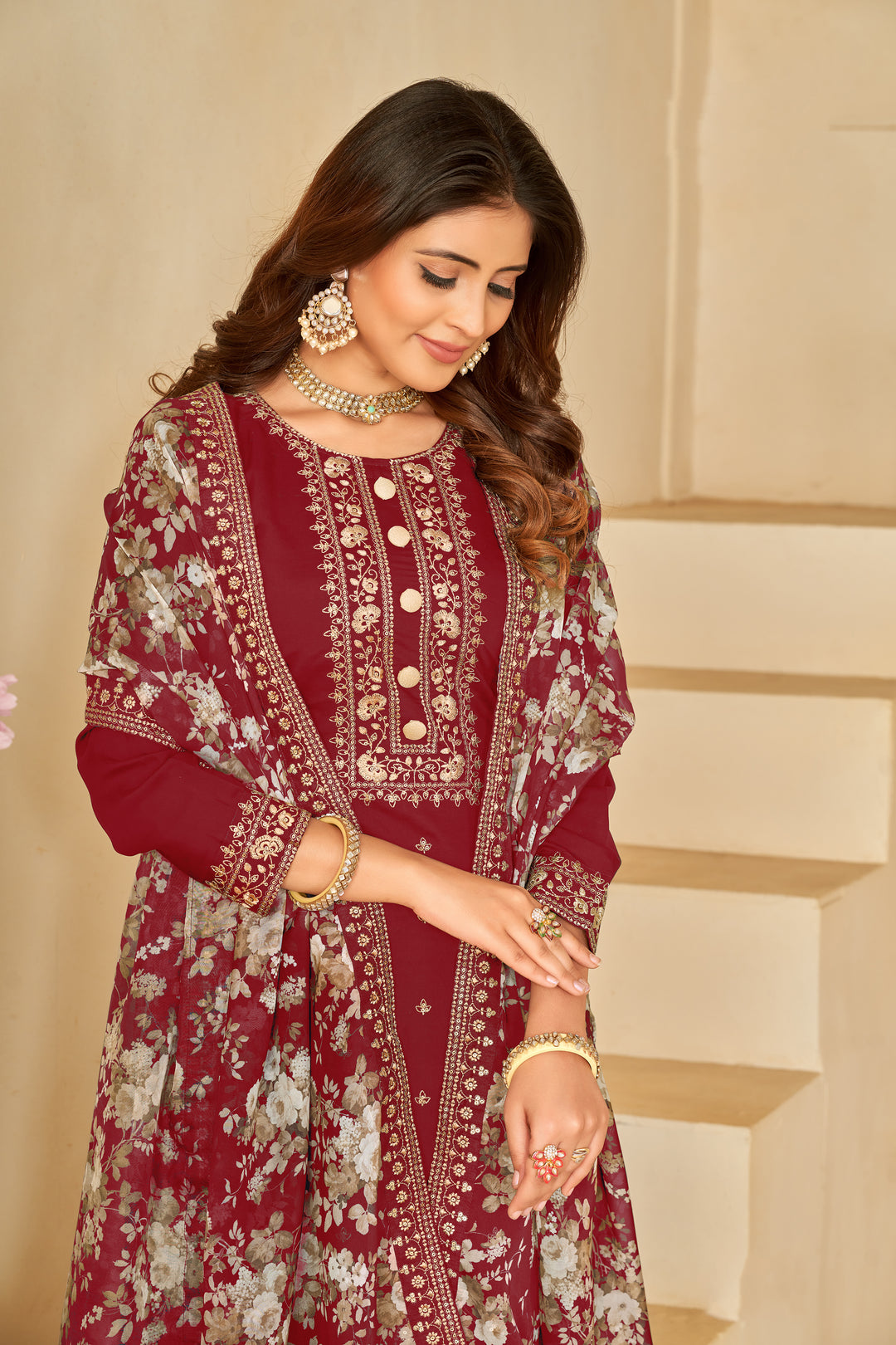 Maroon Designer Embroidery Suit | Organza Dupatta with Santoon Bottom