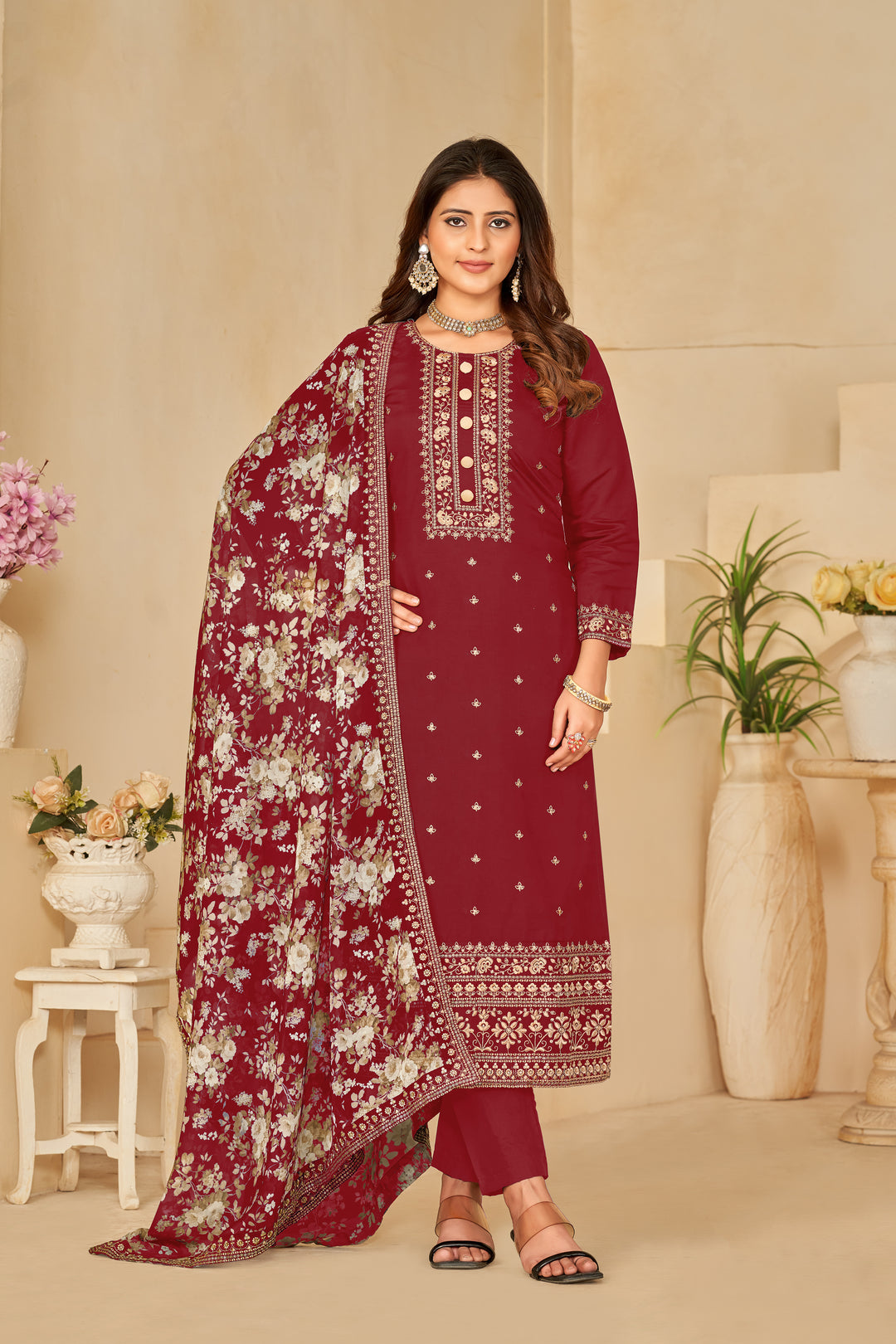 Maroon Designer Embroidery Suit | Organza Dupatta with Santoon Bottom